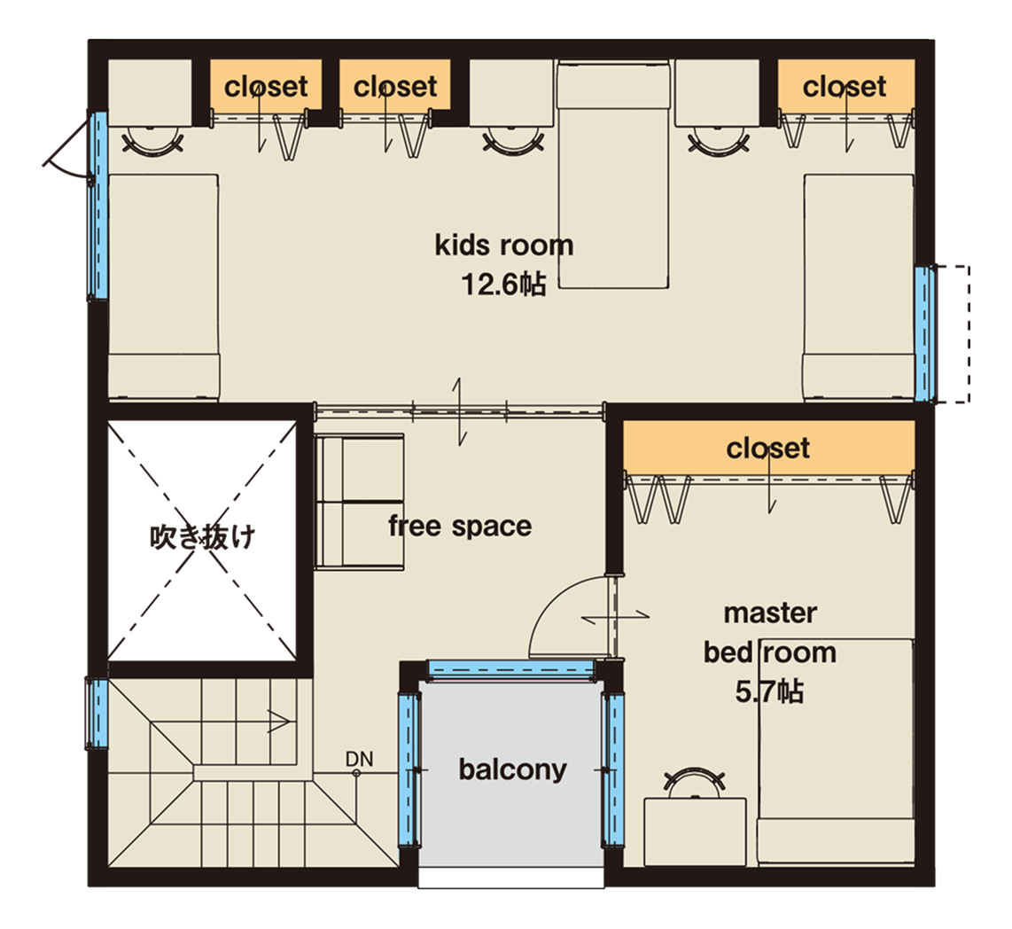 新築当初の間取り図（12.6畳の広々とした子供部屋）