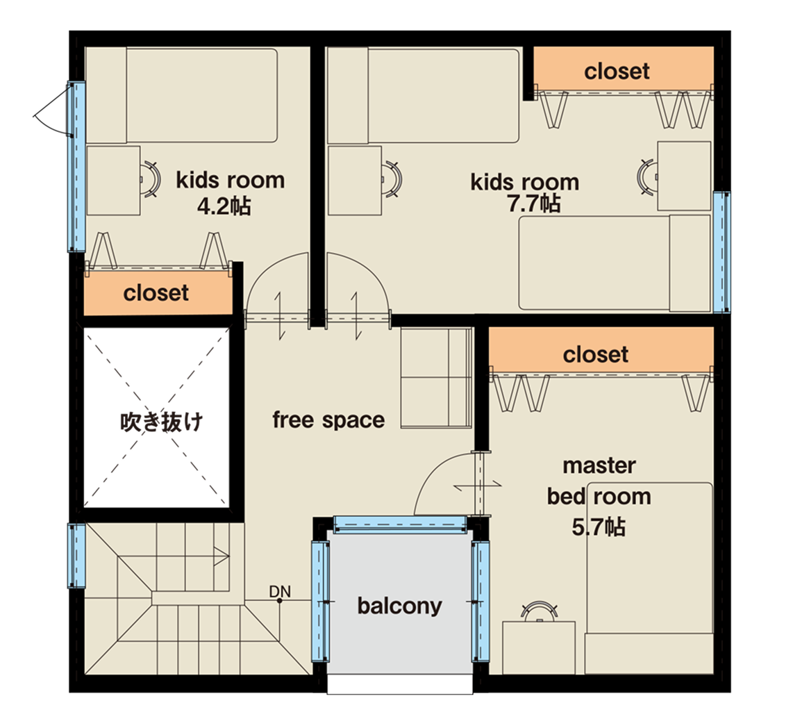 10年後の間取り図（4.2畳と7.7畳に分割された子供部屋）